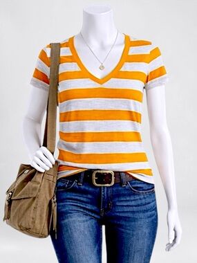 Nike Striped V-Neck Tee in Orange and White